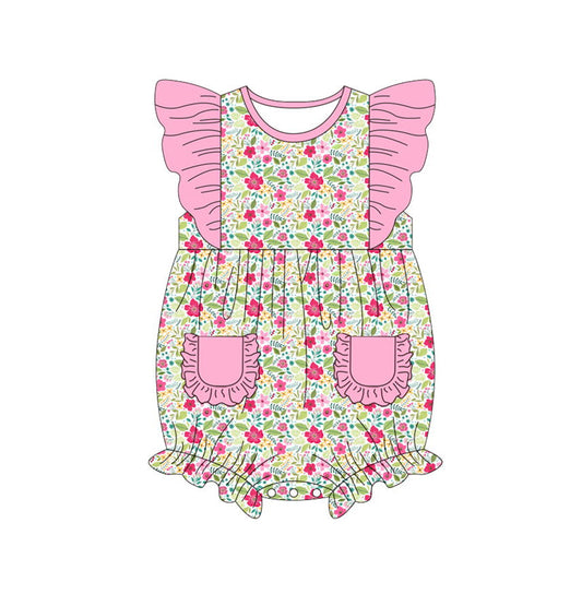 Pink flutter sleeves floral baby girls spring romper