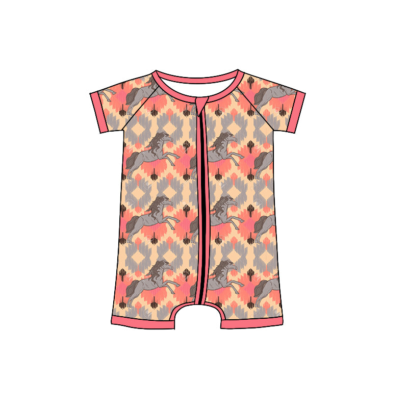 Short sleeves horse aztec baby girls zipper romper