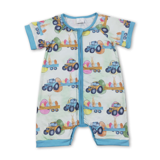 Blue eggs tractor bunny baby boy zipper easter romper