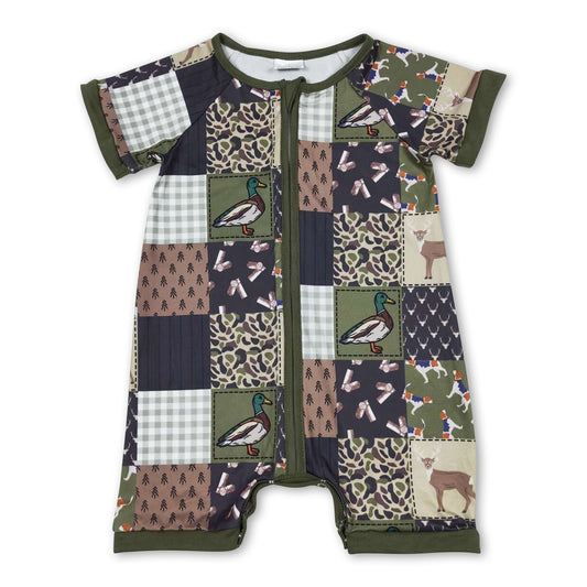 Olive duck dog deer patchwork baby boy romper