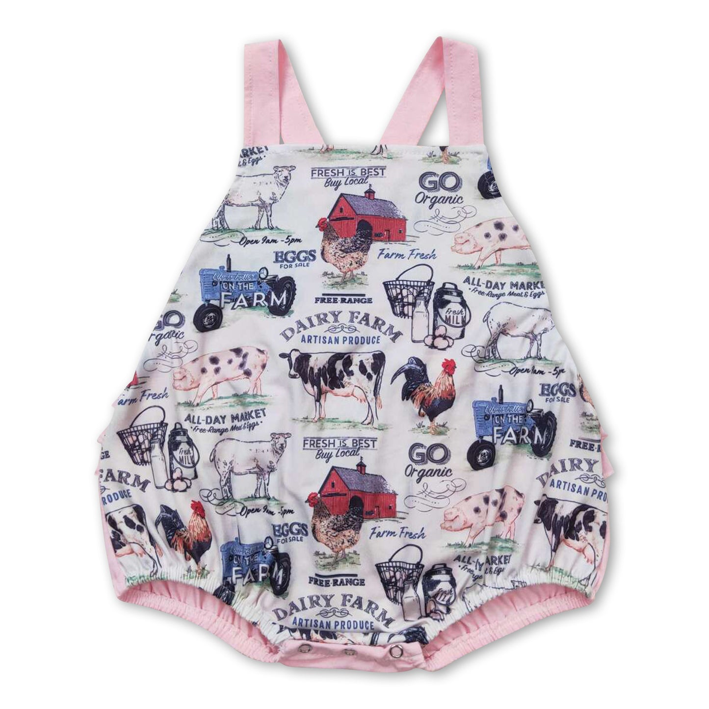 Pink cow chicken pig ruffle baby farm romper