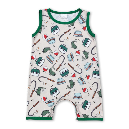 Sleeveless green fishing baby boy romper