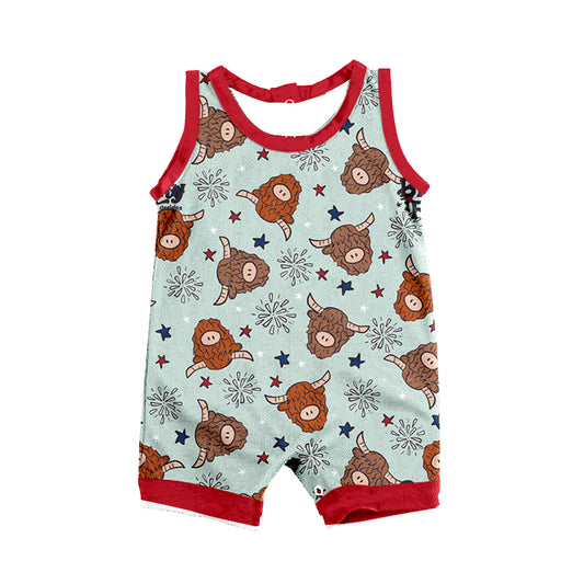 Sleeveless highland cow stars baby 4th of july romper