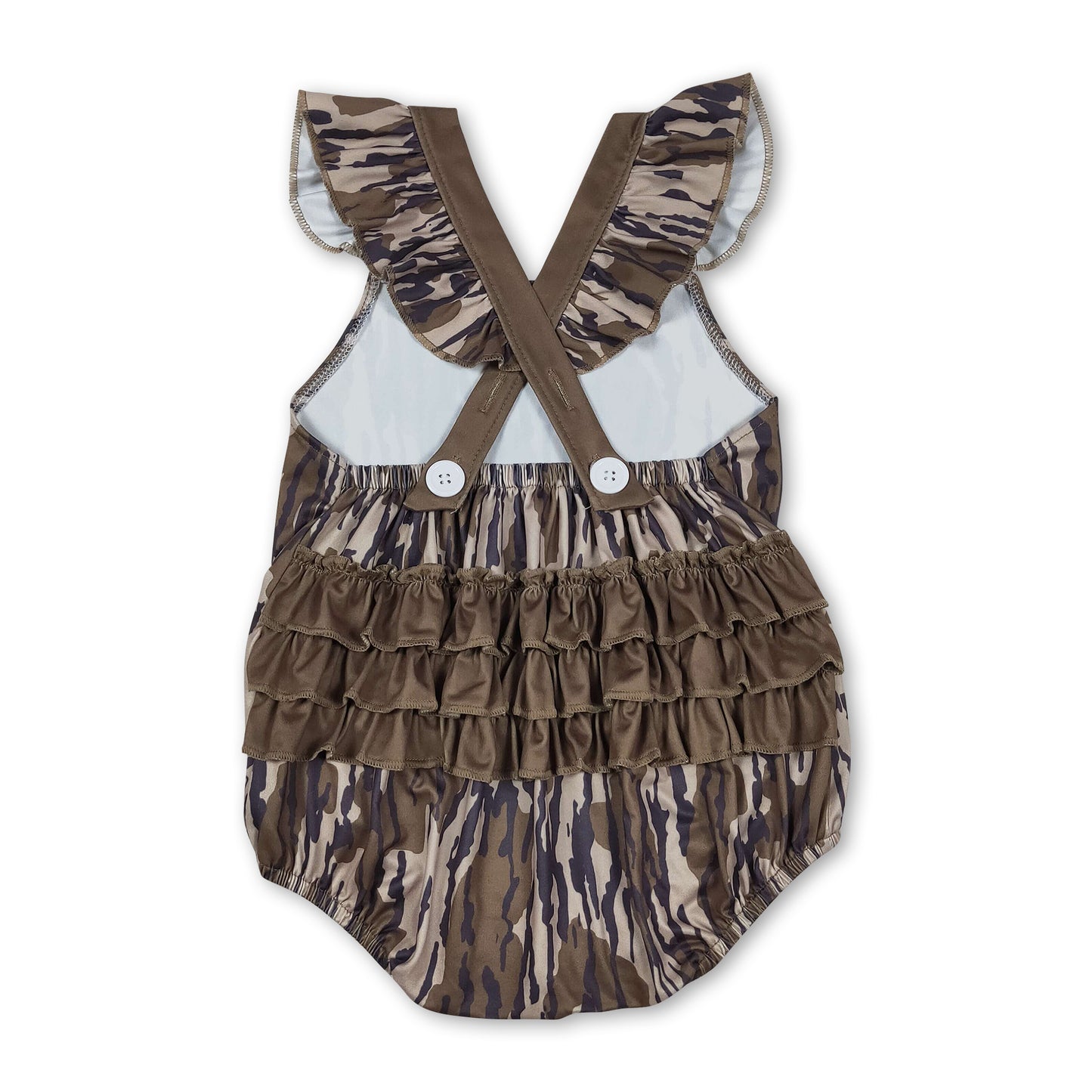 Olive camo ruffle baby girls summer romper