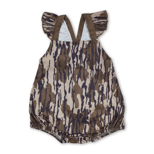 Olive camo ruffle baby girls summer romper