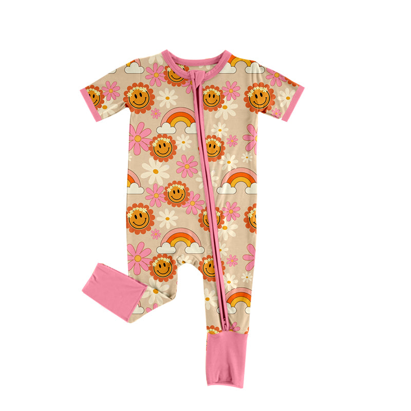 Short sleeves smile floral rainbow baby girls zipper romper