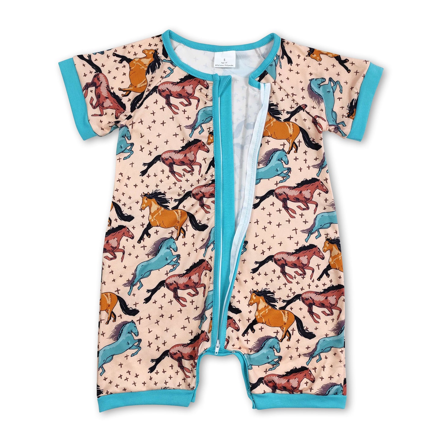 Short sleeves horse baby boys zipper summer romper