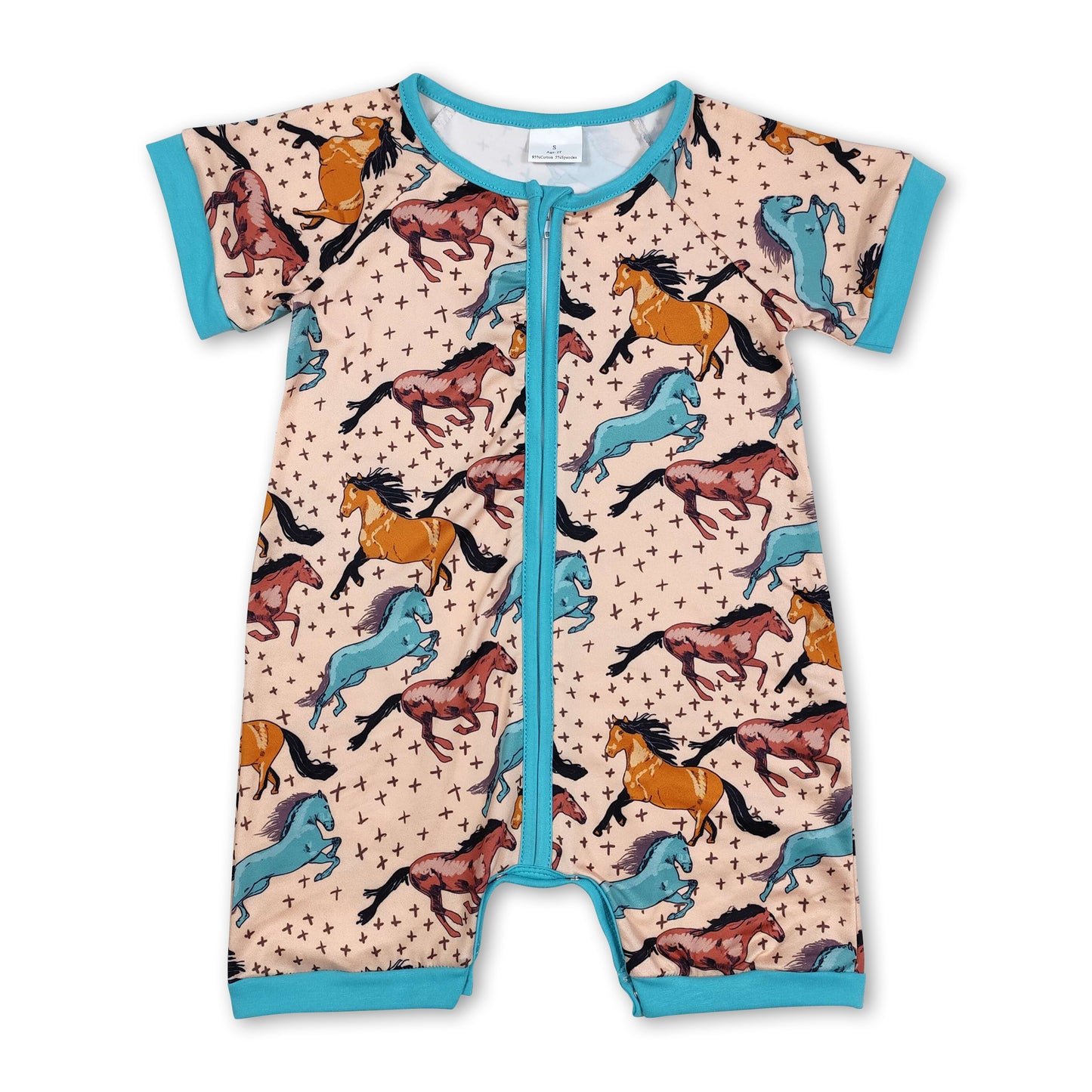 Short sleeves horse baby boys zipper summer romper