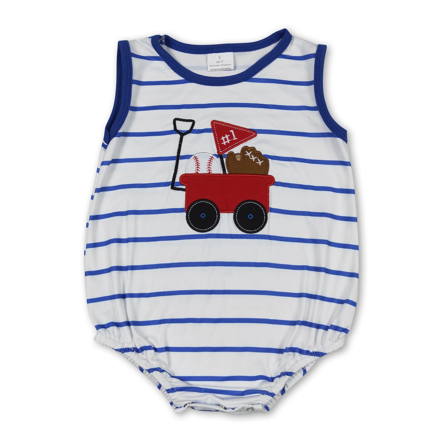 Blue stripe sleeveless baseball baby boy romper