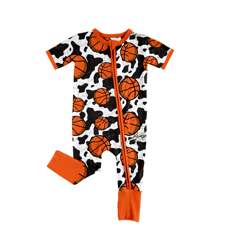 Short sleeves cow print basketball baby boy romper