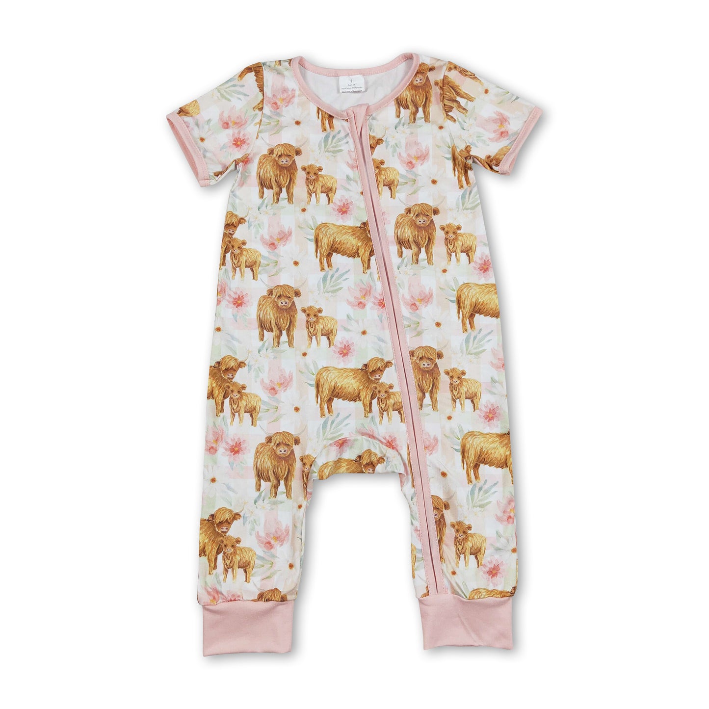 Short sleeves highland cow floral baby girls zipper romper