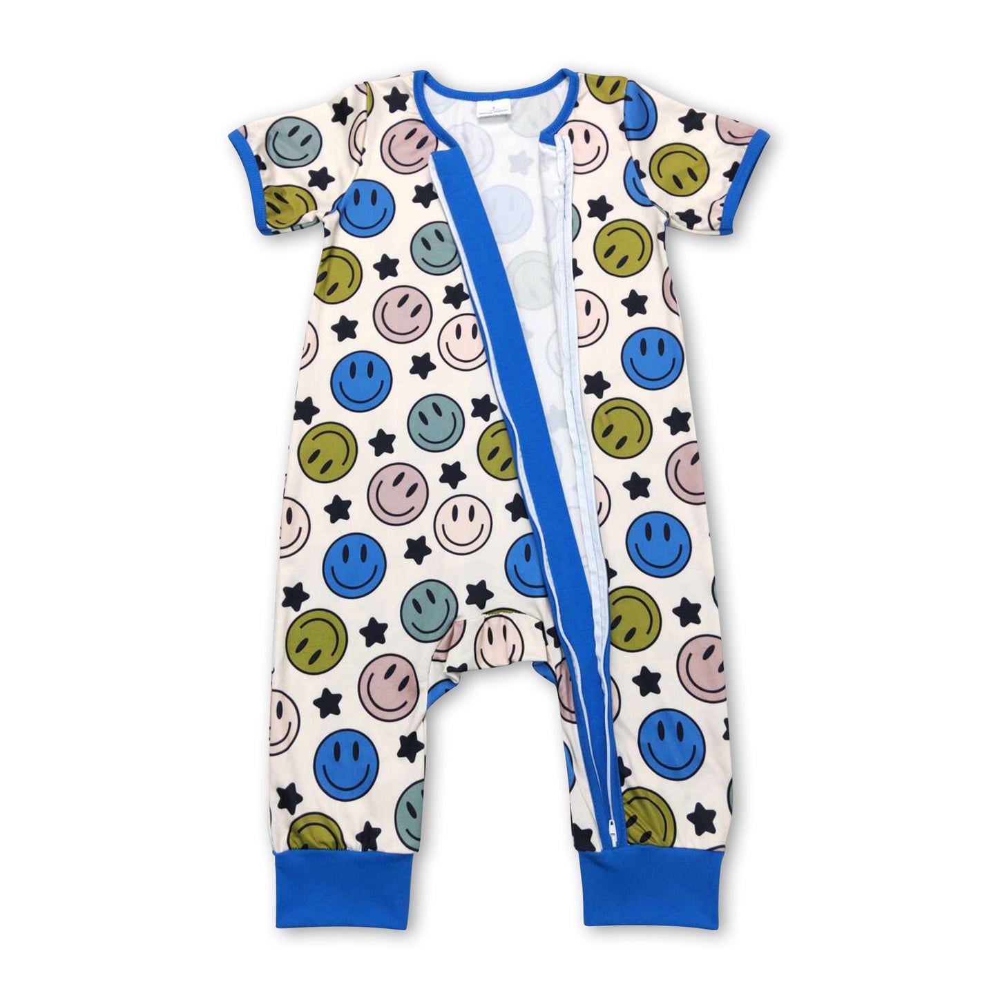 Short sleeves blue smile baby boy zipper romper