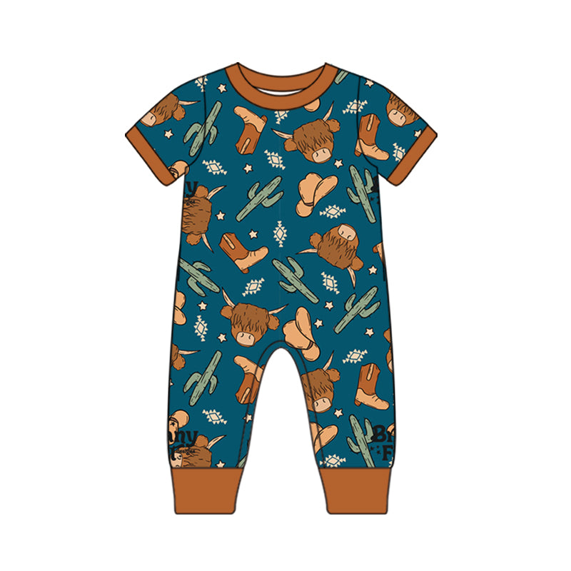 Short sleeves highland cow cactus baby boy romper