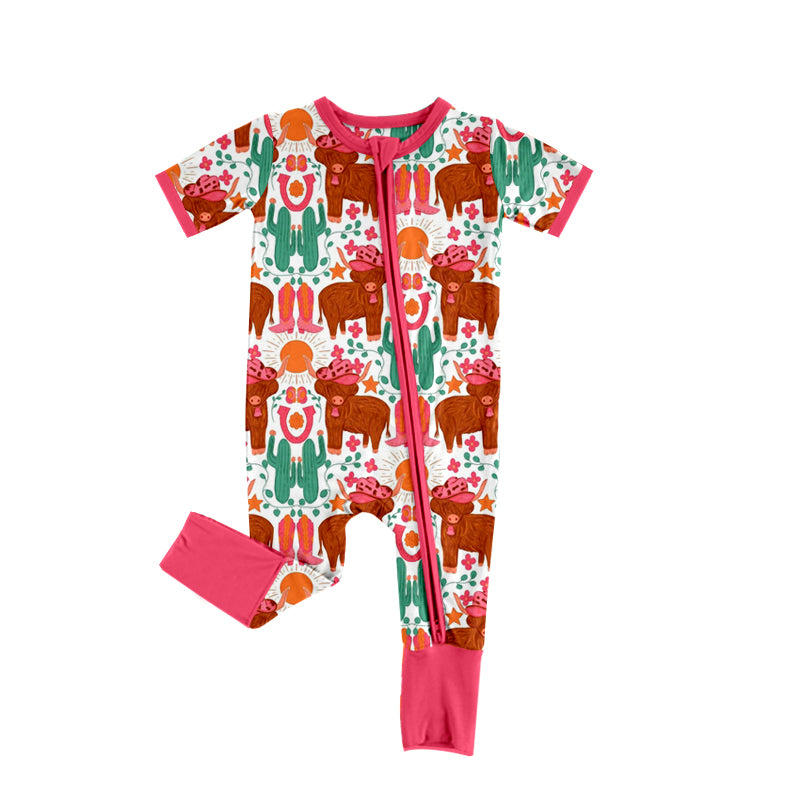 Highland cow hat cactus baby girls zipper romper