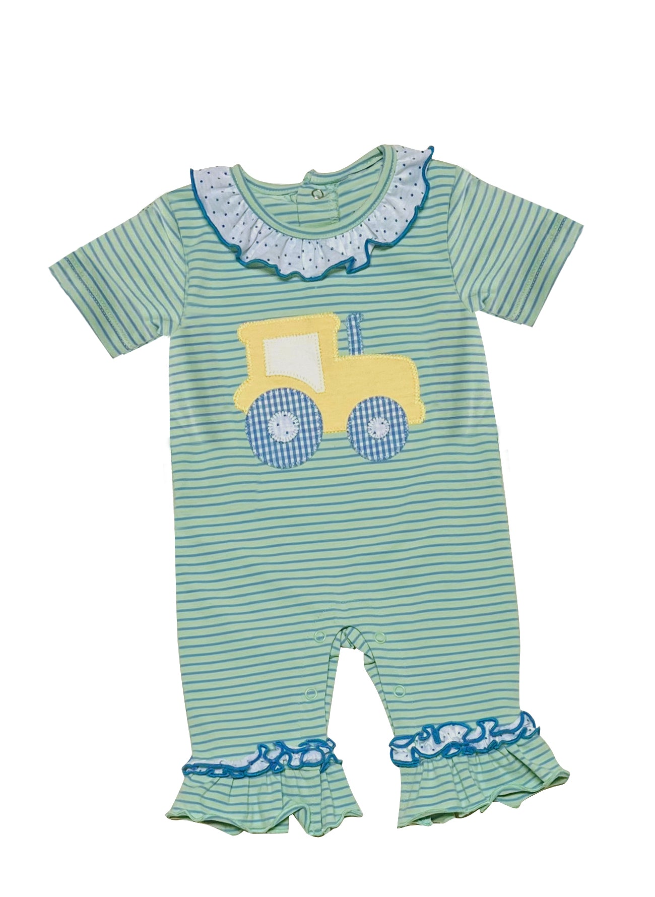 Green stripe tractor baby girls farm romper