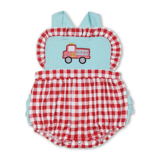 Sleeveless fire truck plaid baby girls summer romper