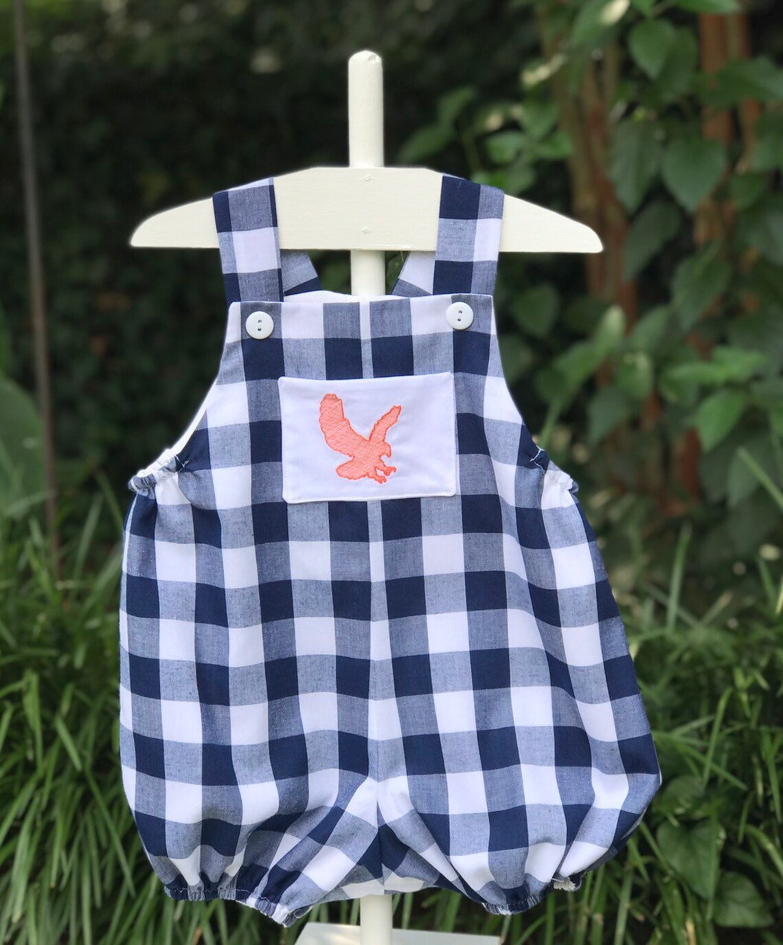 Sleeveless navy plaid eagles pocket baby boys romper