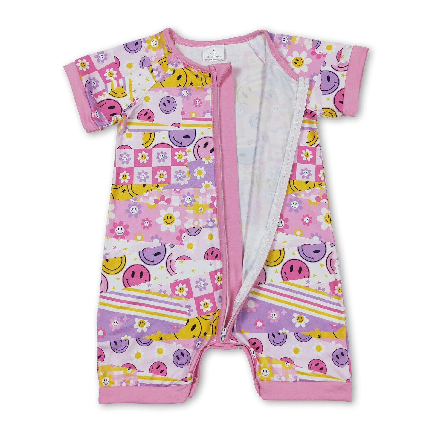 Pink short sleeves smile flower baby girls zipper romper