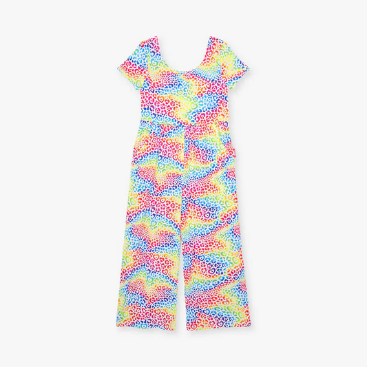 Short sleeves colorful leopard girls jumpsuit