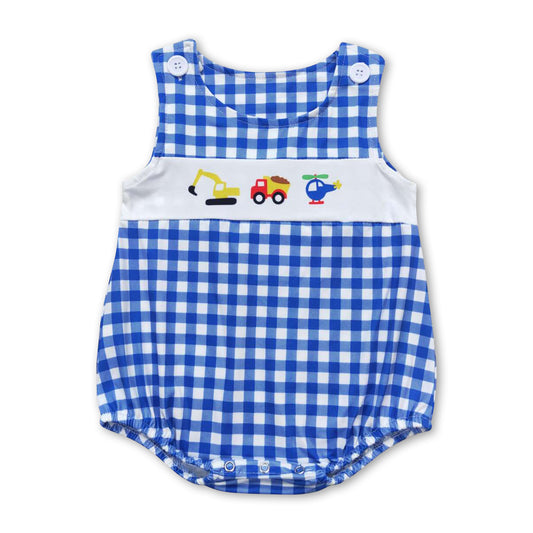 Blue plaid sleeveless constructions baby boy romper