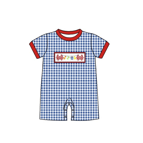 Blue plaid crab short sleeves baby boy summer romper