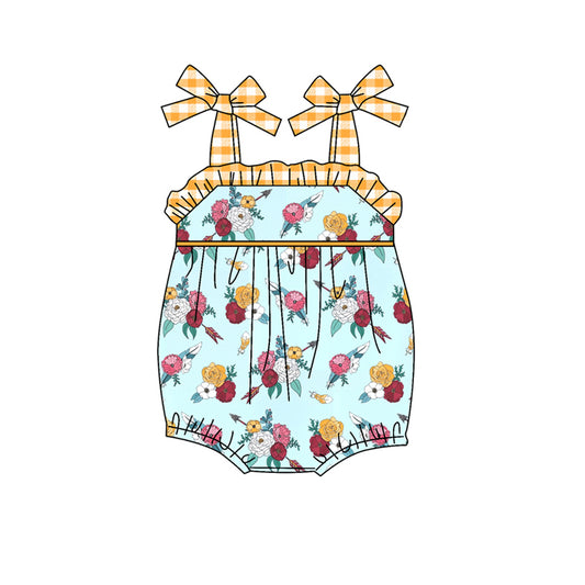 Yellow plaid suspender floral baby girls summer romper