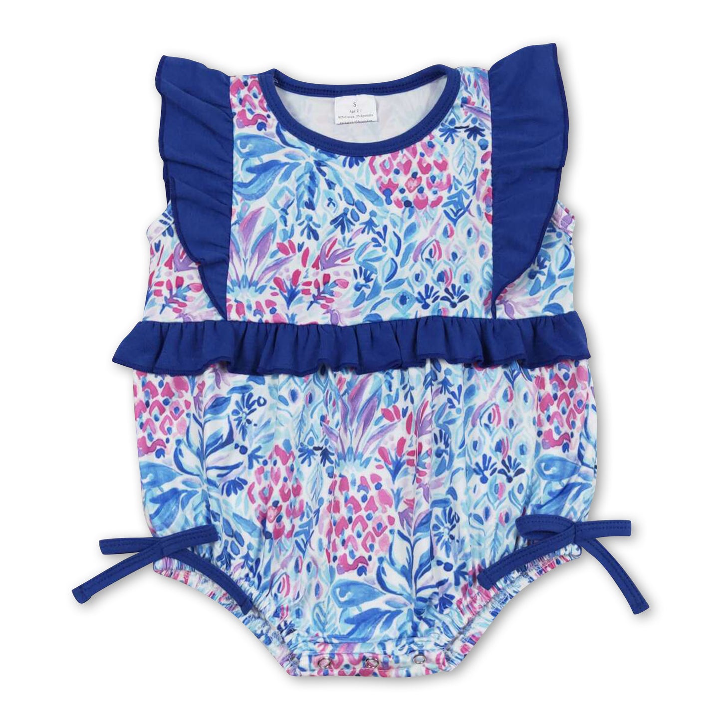 Flutter sleeves blue floral bow baby girls romper