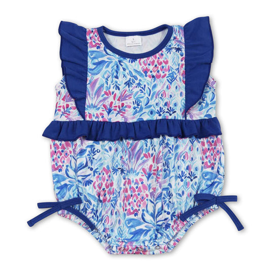 Flutter sleeves blue floral bow baby girls romper