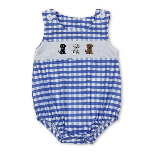 Blue plaid dogs sleeveless baby boy romper