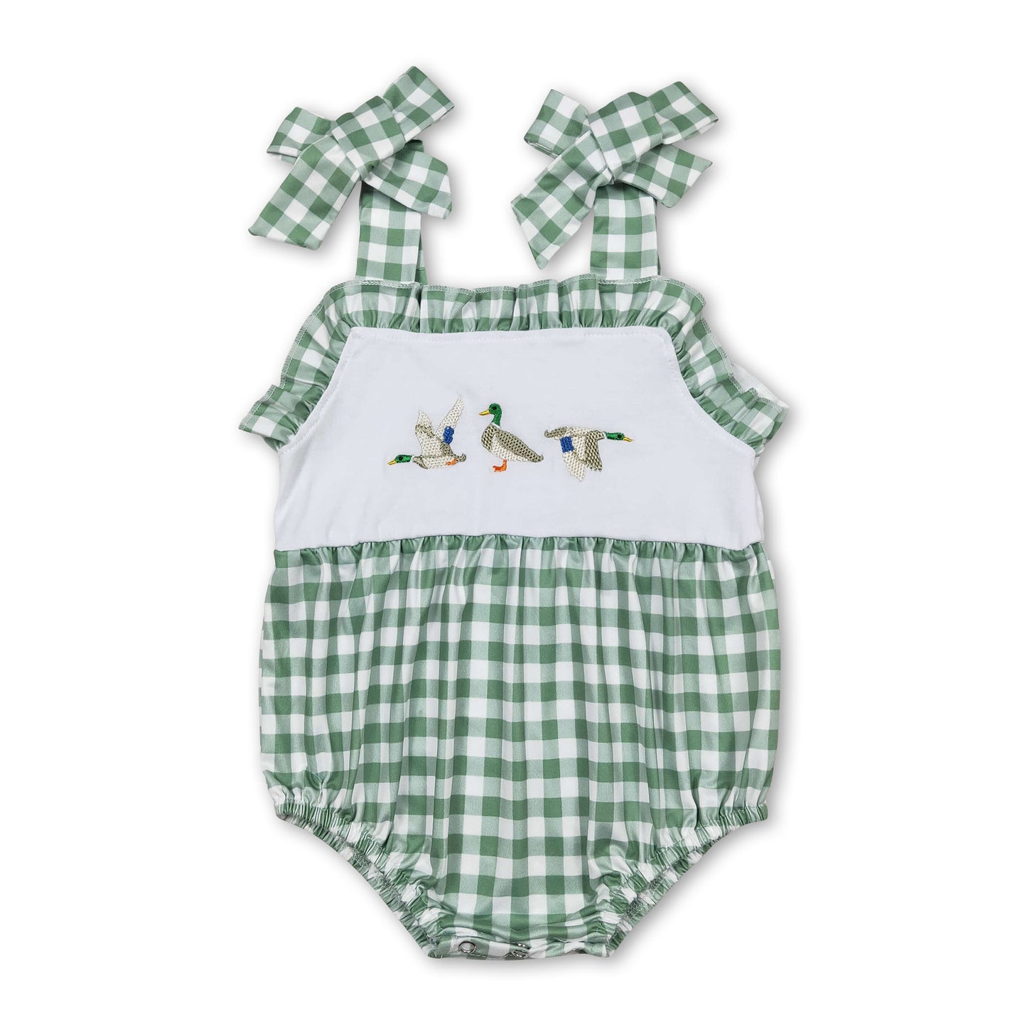 Green plaid straps duck baby girls summer romper