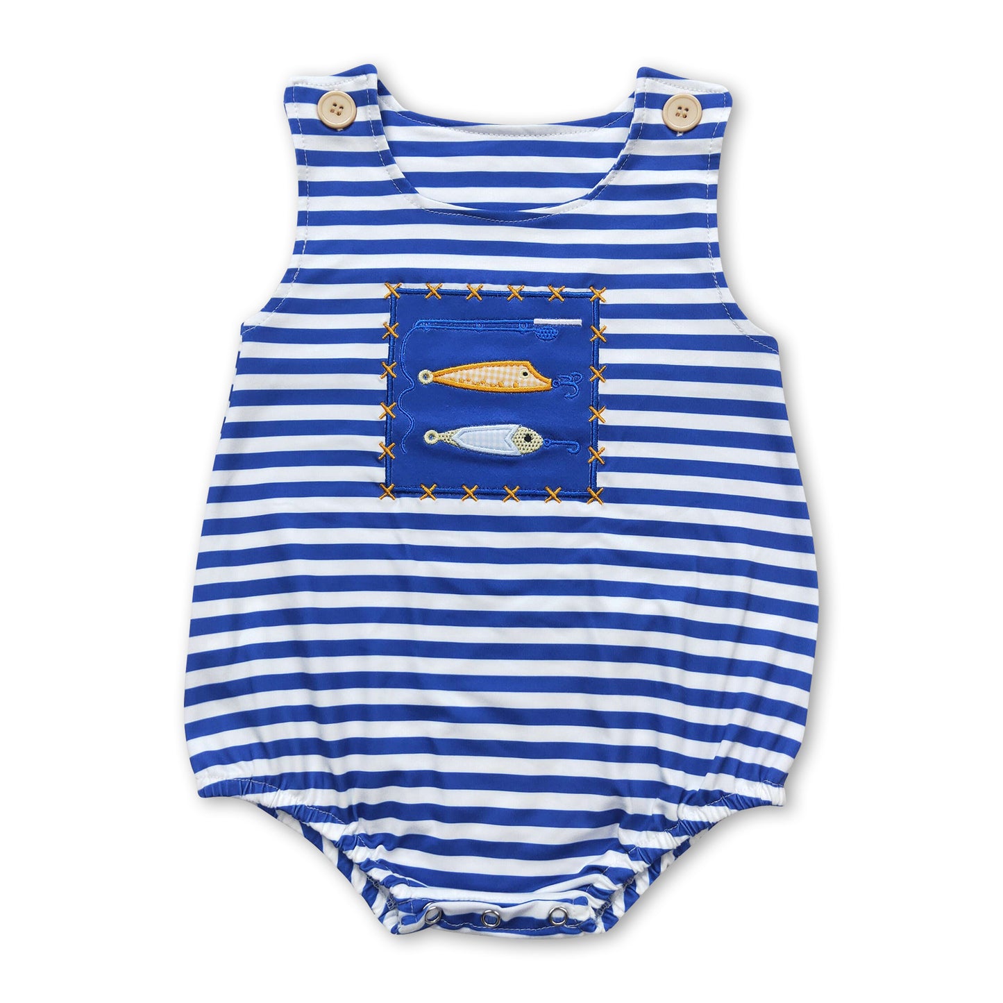 Sleeveless navy stripe fishing baby boy romper