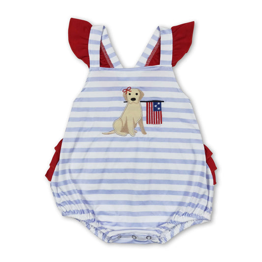 Sleeveless stripe dog flag baby girls 4th of july romper