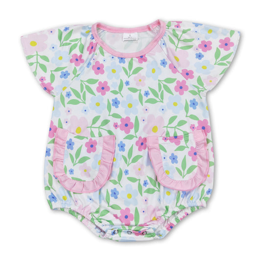 Pink floral pockets baby girls summer romper