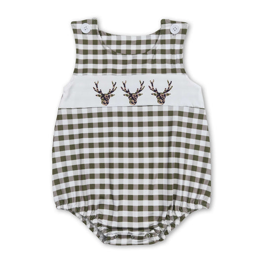 Sleeveless olive plaid deer baby boys summer romper