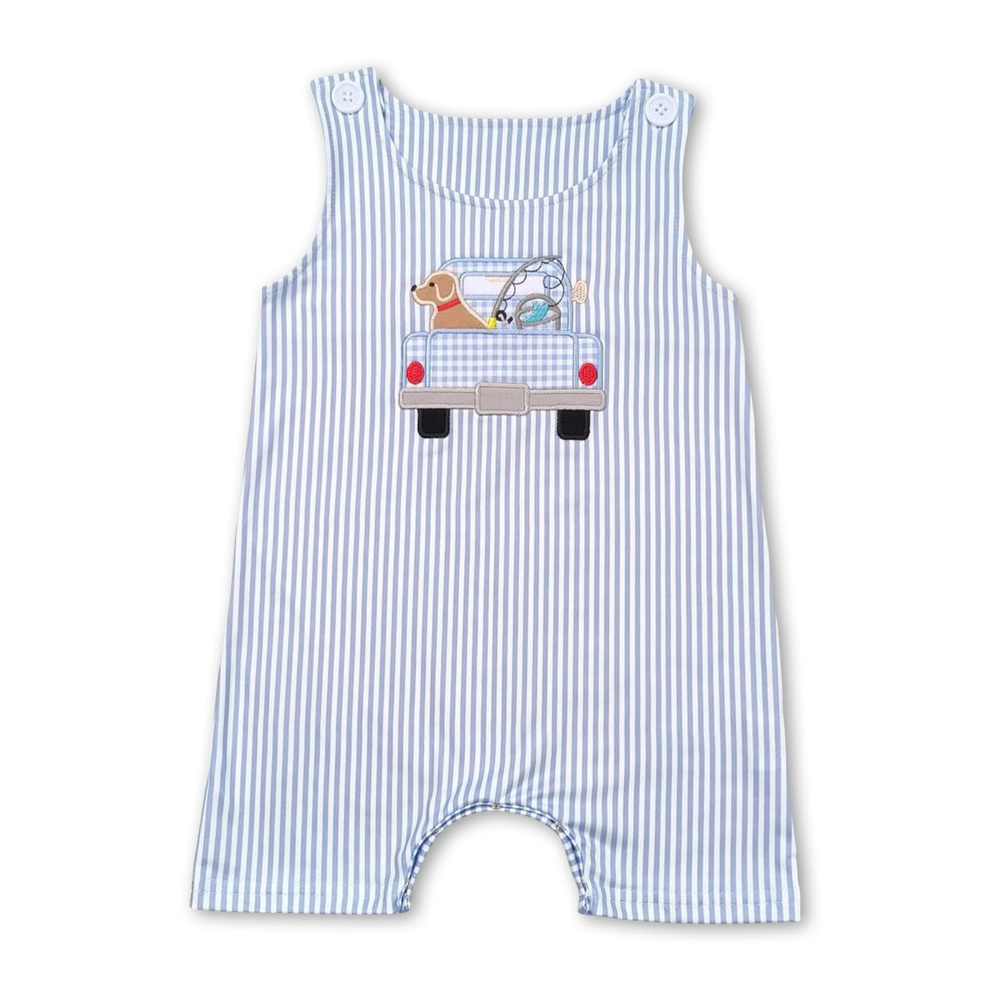 Stripe sleeveless dog fishing truck baby boys romper