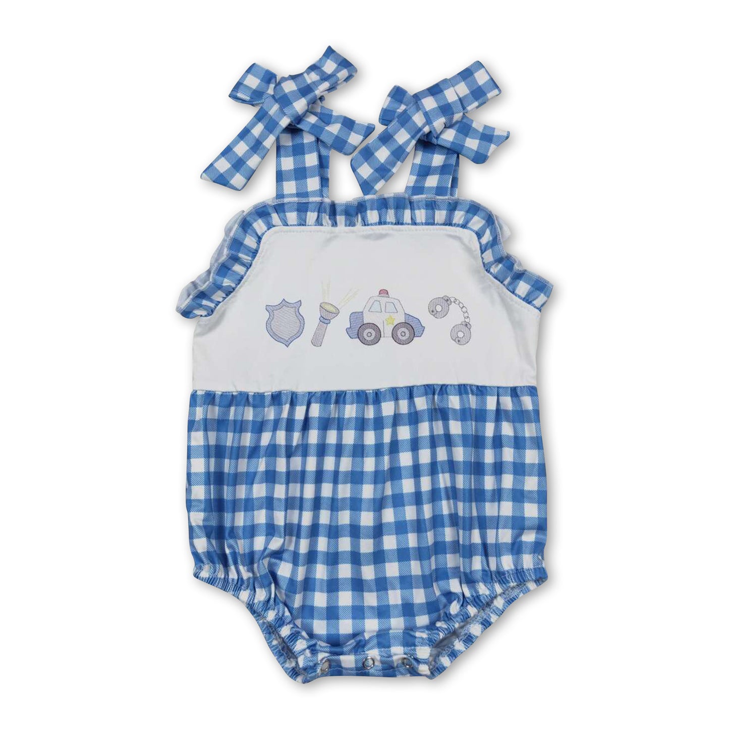 Blue plaid straps police car baby girls summer romper