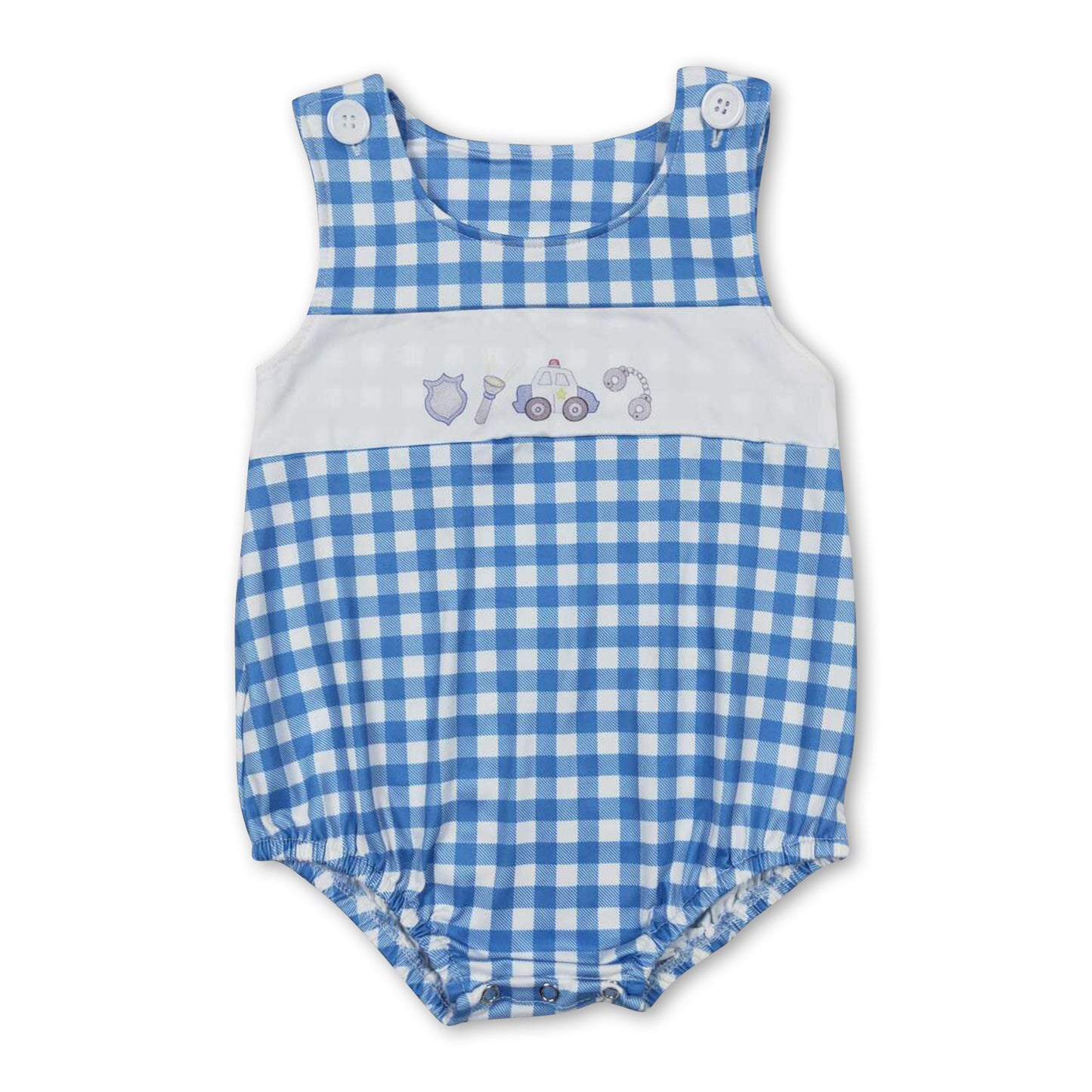 Sleeveless blue plaid police car baby boys summer romper