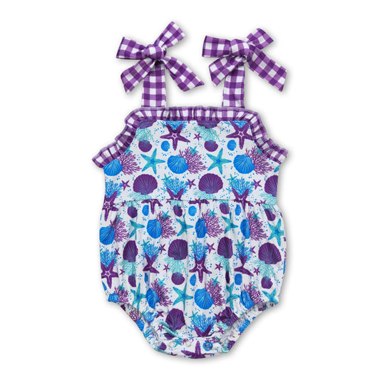 Purple plaid straps starfish shell baby summer romper