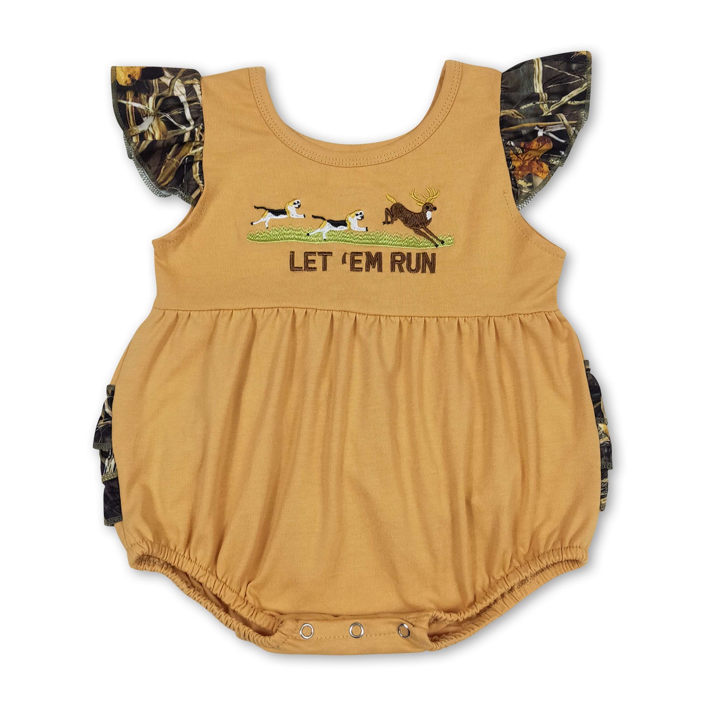 Camo flutter sleeves run deer baby girls romper