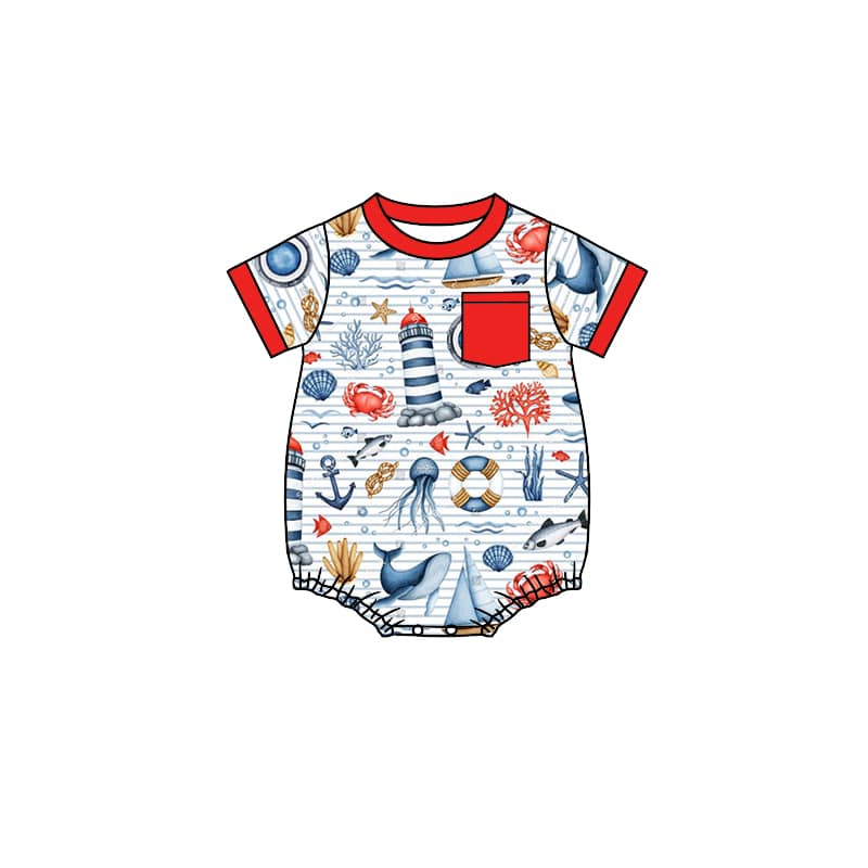 Short sleeves anchor crab fish baby boy romper