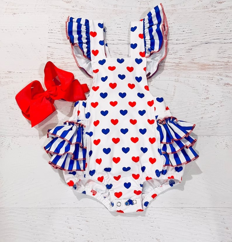 Blue red heart baby girls 4th of july romper