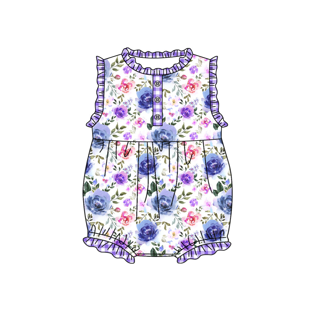 Sleeveless lavender plaid floral baby girls romper