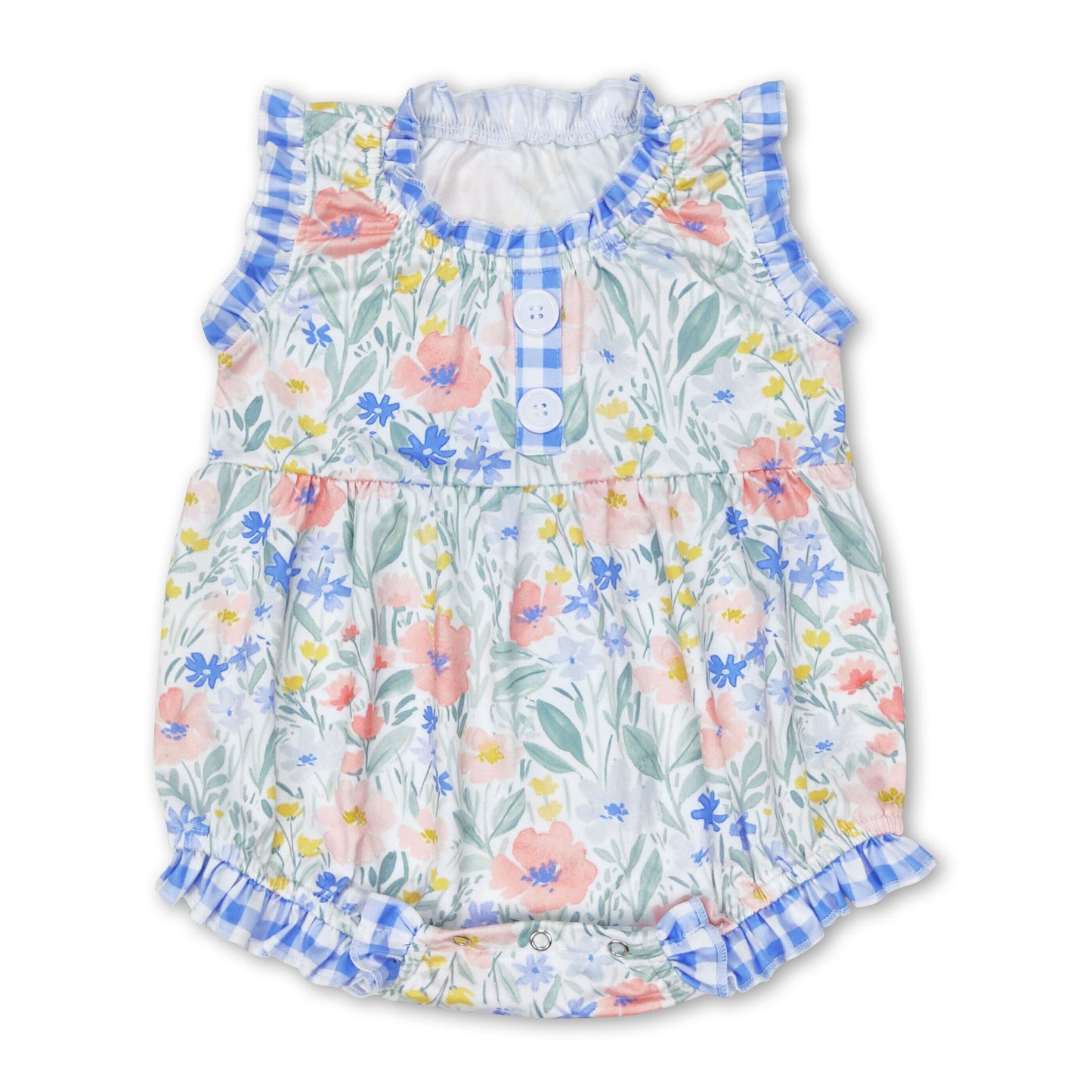 Sleeveless blue plaid floral baby girls romper