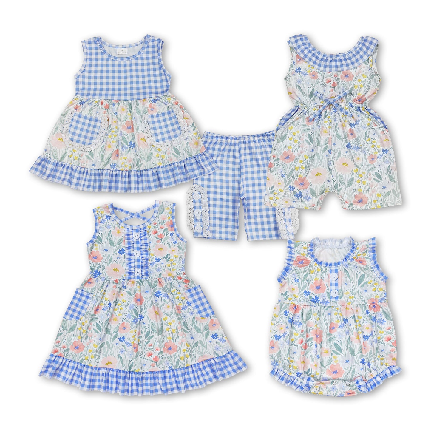 Sleeveless blue plaid floral baby girls romper