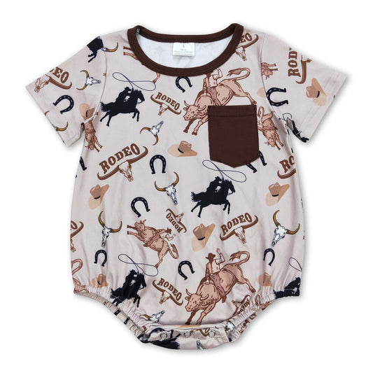 Short sleeves brown pocket rodeo baby boy summer romper