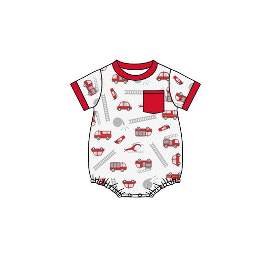 Red pocket fire truck baby boys summer romper