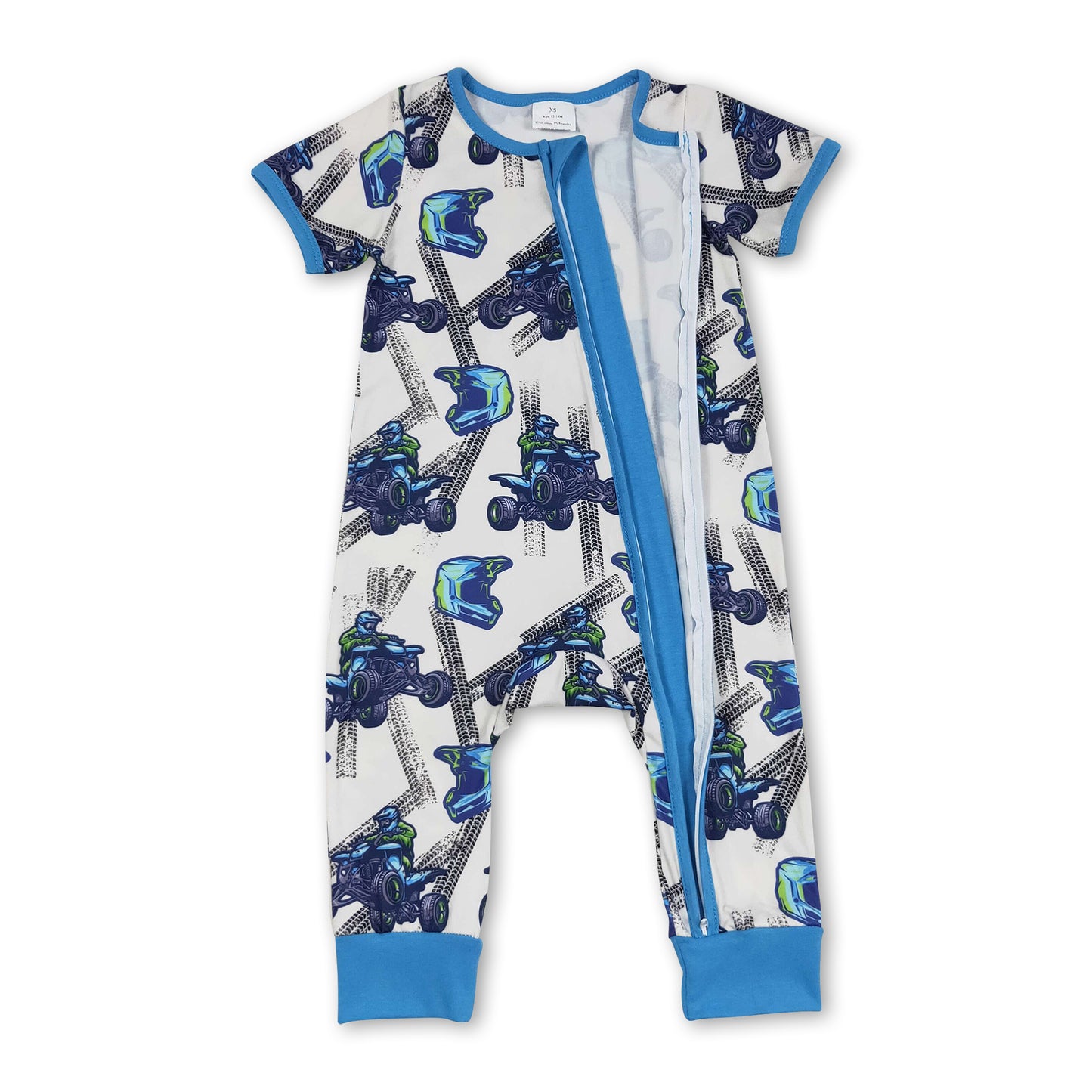 Blue short sleeves race baby kids zipper romper