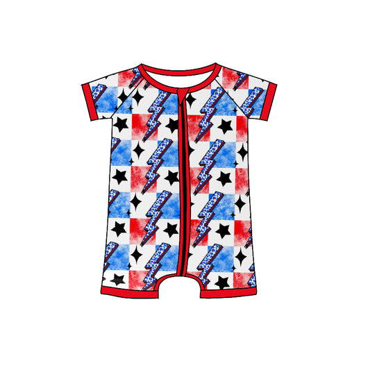 Red blue plaid thunder stars baby 4th of july romper