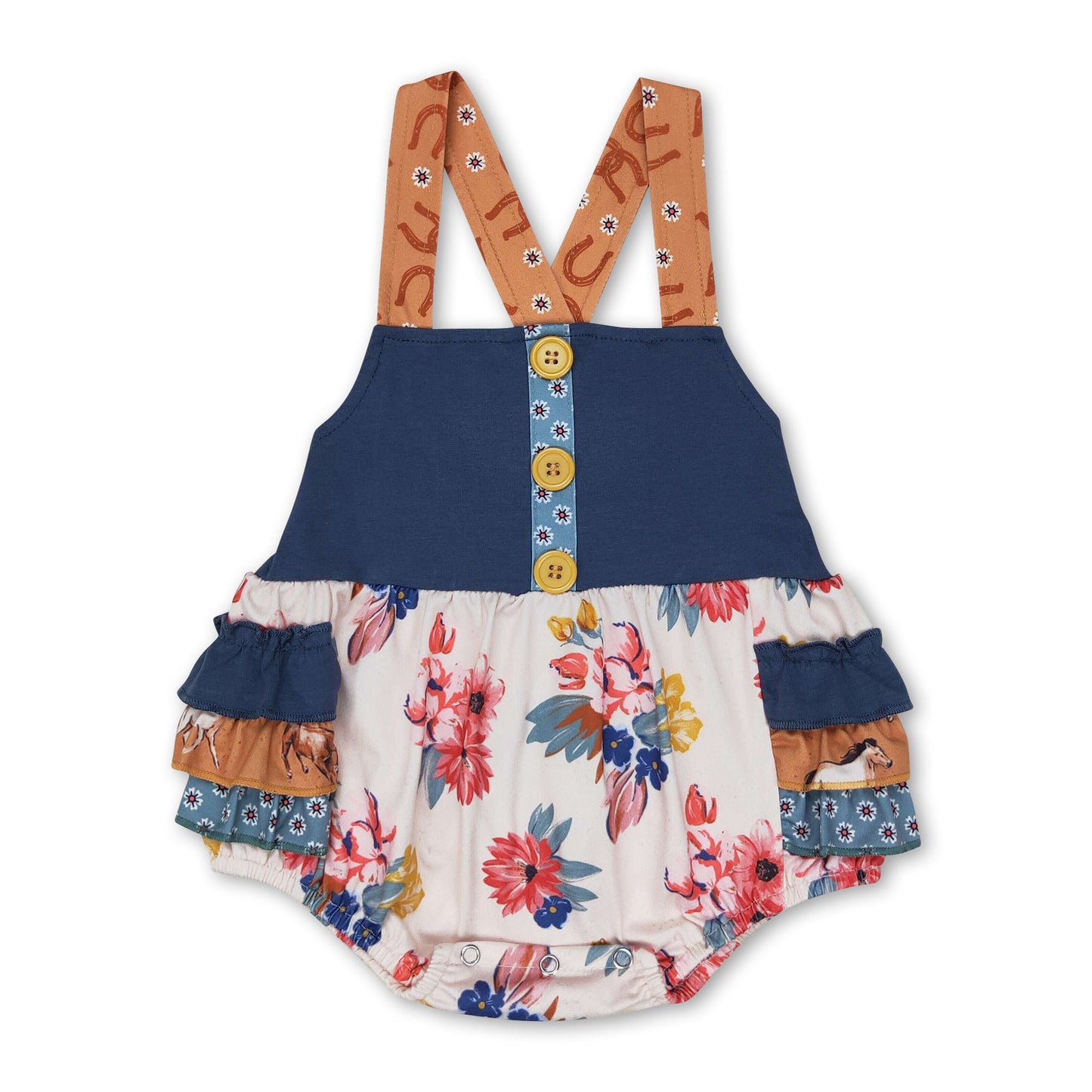 Floral horse ruffle baby girls summer romper