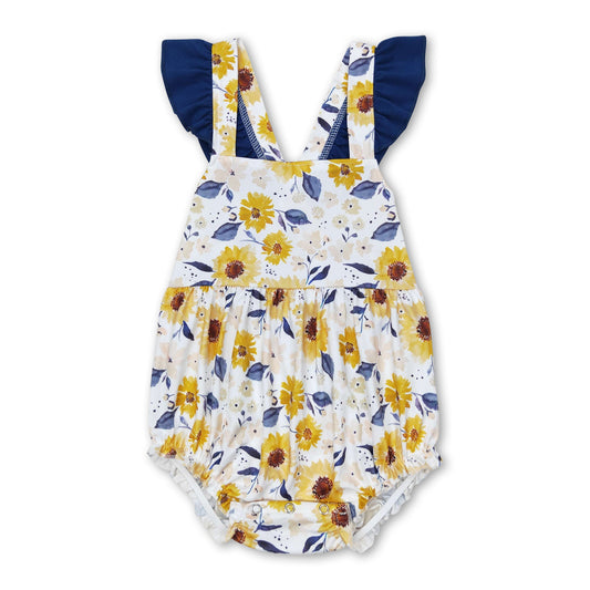 Blue flutter sleeves sunflower baby girls summer romper